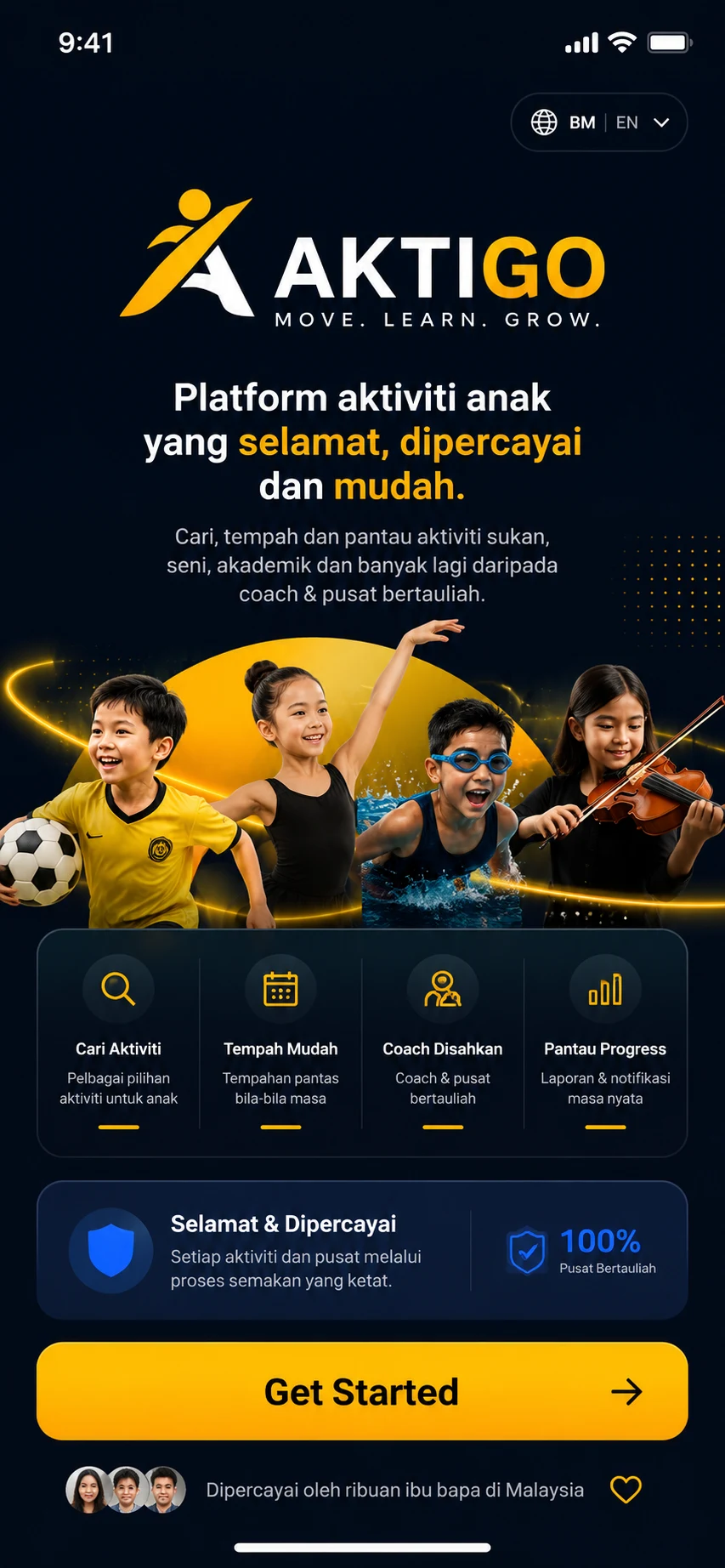 Mockup konsep AKTIGO: kanak-kanak bersukan dan berkarya, dengan idea carian aktiviti serta tempahan
