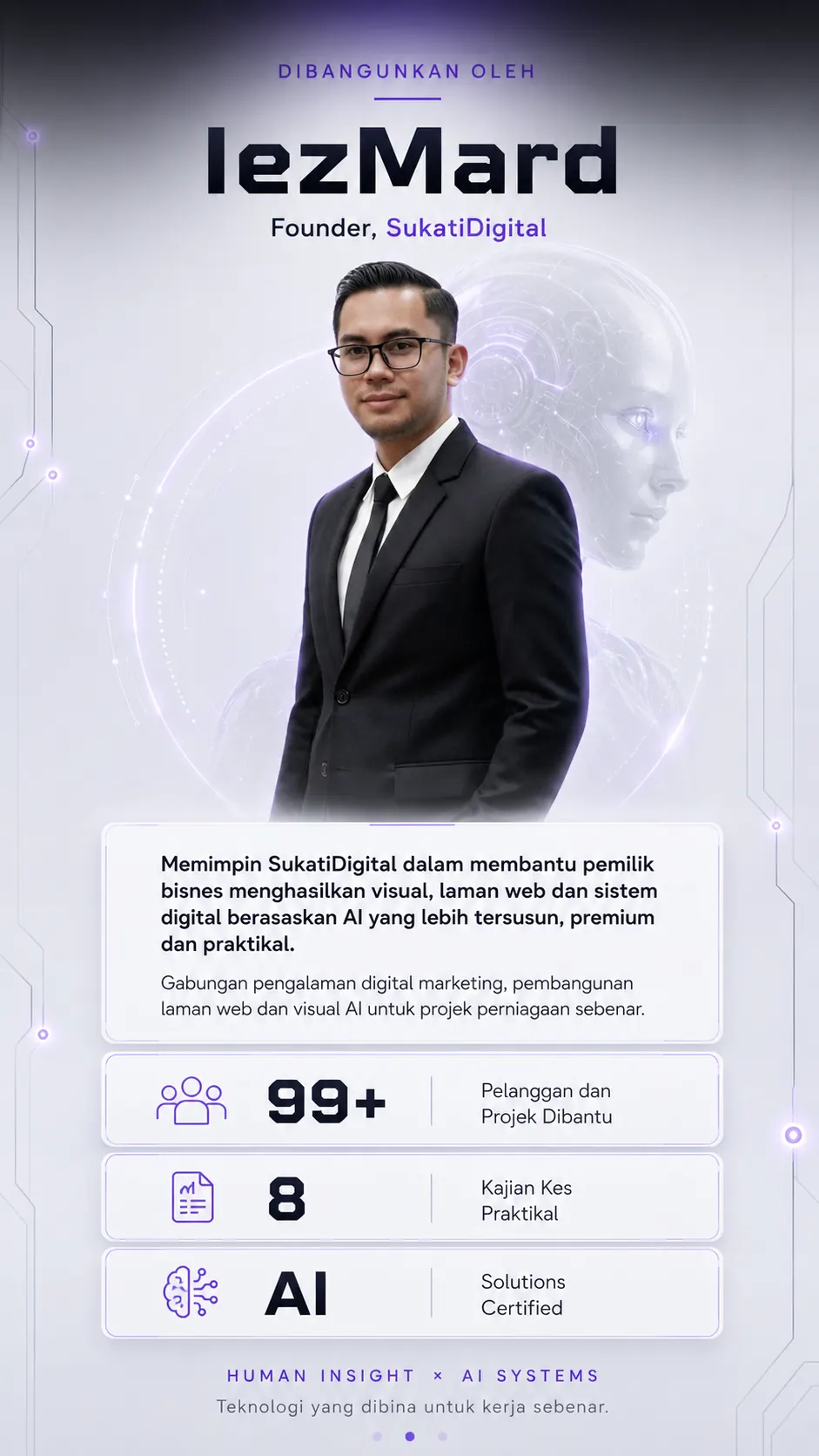 IezMard, pengasas Sukati Digital, bersama ringkasan pengalaman, kajian kes dan penyelesaian AI.
